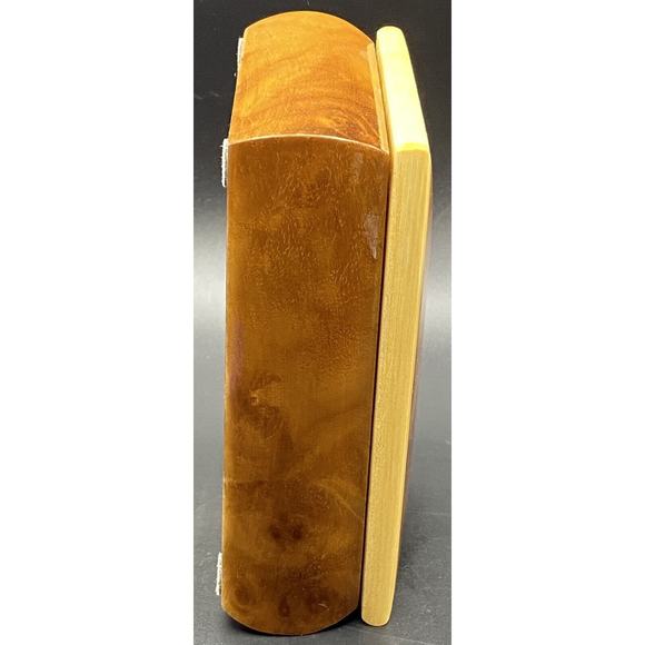 Burl Wood Laquered Trinket Box Floral Pink Yellow Flowers Velvet Hinged Lid - Picture 10 of 16